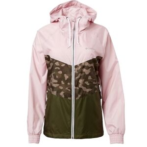 COLUMBIA COLOR BLOCK LIGHTWEIGHT JACKET. PINK/ CAMO. SIZE: XS